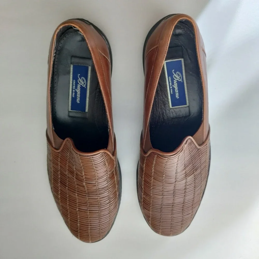 Bragano Cole Haan Mens 9.5 M Brown Woven Leather Slip On Loafers Italy C03538